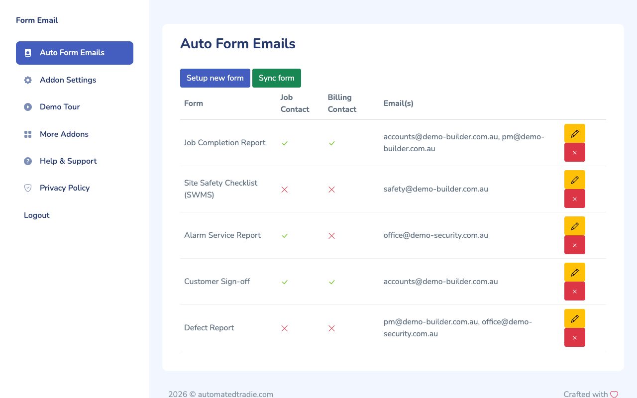Auto Form Emails rules sending demo forms to job and billing contacts