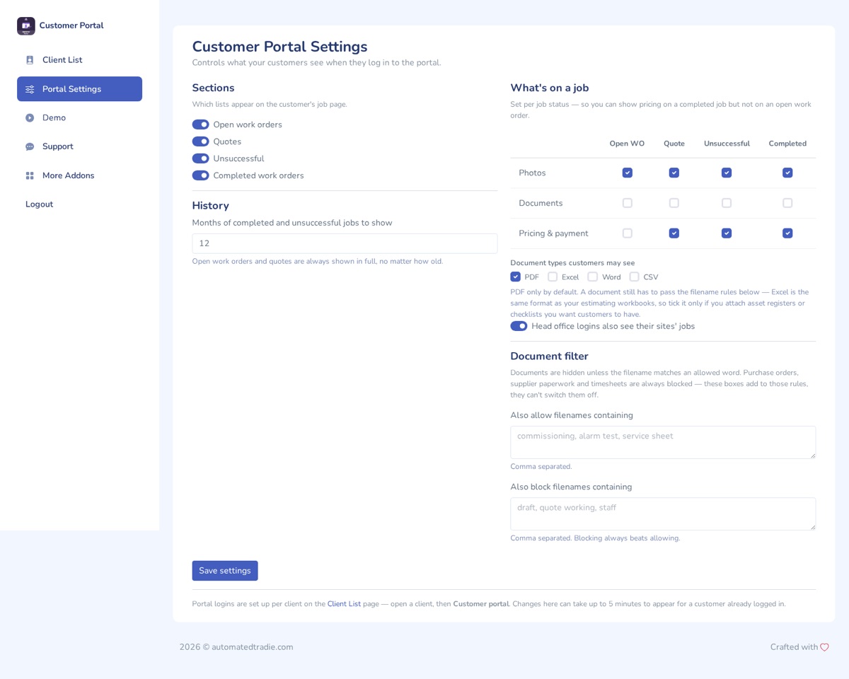 Customer Portal settings controlling what customers can see on each job