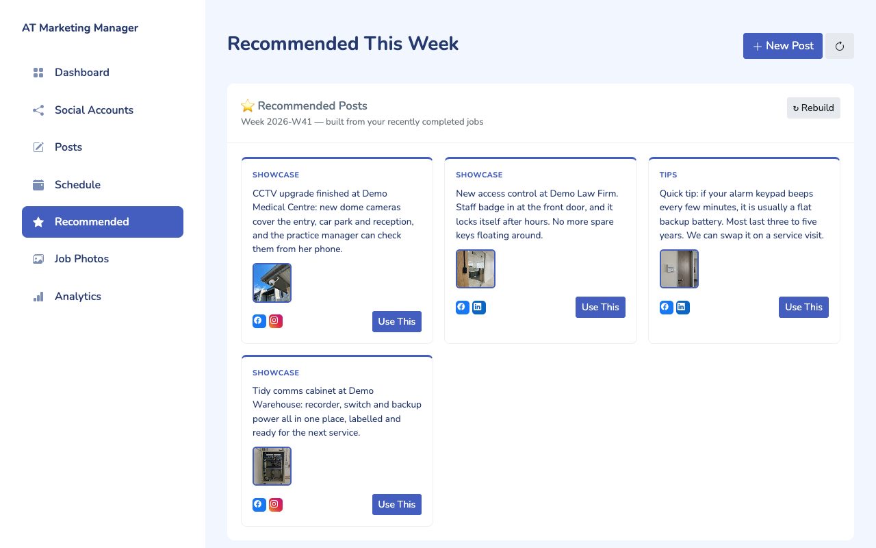 Recommended posts built from demo completed jobs, ready to review