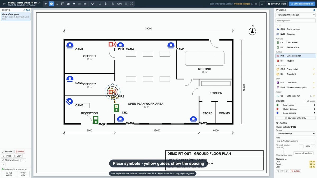 Plan Takeoff placing a motion detector on a demo office floor plan