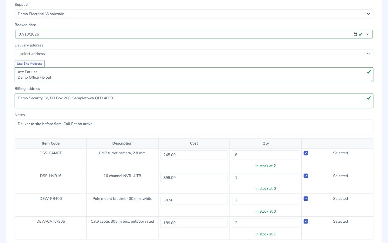 New purchase order with a demo supplier, delivery details and four camera lines
