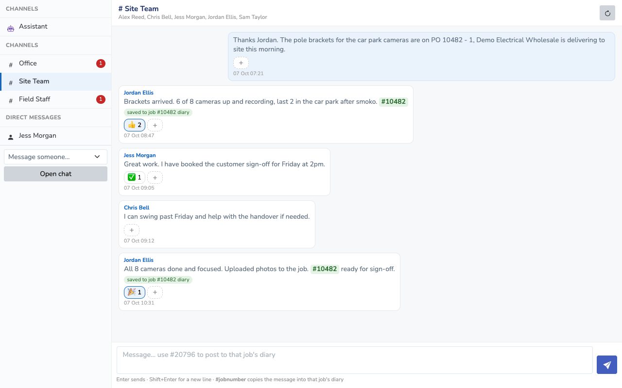 Team Chat site team channel with demo messages saved to a job diary